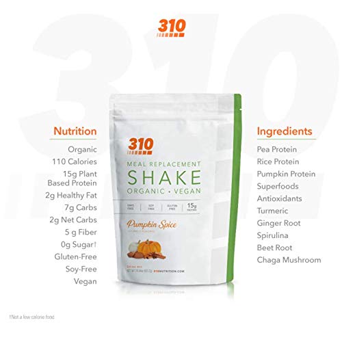 310 Nutrition - Vegan Organic Plant Powder and Meal Replacement Shake - Gluten, Dairy, and Soy Free - Keto and Paleo Friendly - 0 Grams of Sugar - Pumpkin Spice - 28 Servings