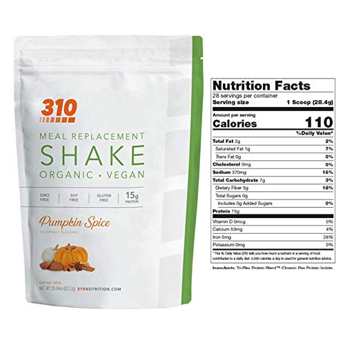 310 Nutrition - Vegan Organic Plant Powder and Meal Replacement Shake - Gluten, Dairy, and Soy Free - Keto and Paleo Friendly - 0 Grams of Sugar - Pumpkin Spice - 28 Servings