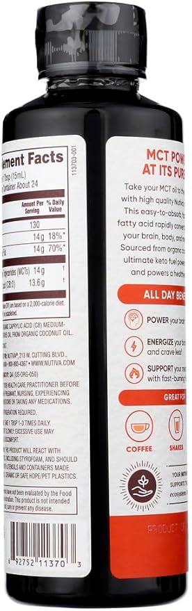 Nutiva Organic C8 MCT Oil, Ultimate Keto Fuel from Non-GMO Coconuts, 14g MCT 12 Fl Oz, USDA Organic, Whole 30, Vegan & Gluten-Free, Energy Boost to Coffee, Shakes and Salads