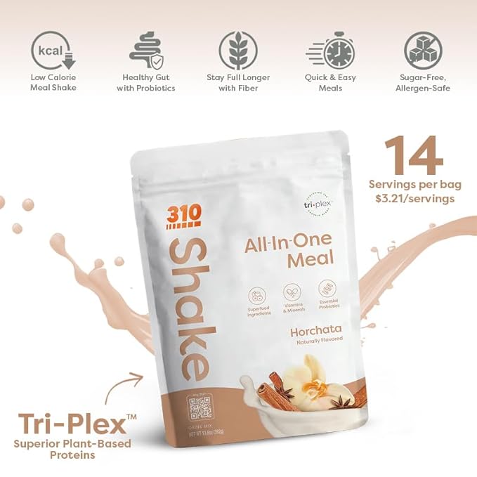 310 Nutrition Meal Replacement Shake - Fiber-Rich Vegan Superfood Blend - Low Carb, Keto & Paleo Friendly, Gluten-Free, 26 Essential Vitamins & Minerals, Natural Sweeteners - Horchata, 14 Servings