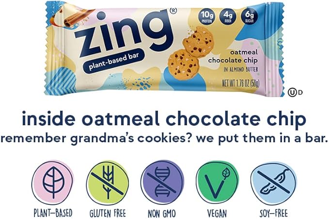 Zing Oatmeal Chocolate Chip Vegan Protein Bars, Gluten Free with High Protein, High Fiber, Dairy Free Nutrition Bars, Plant Based Protein, Kosher, Low Sugar, No Sugar Alcohols - 12 count