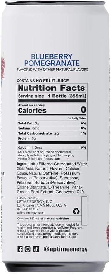 UPTIME Energy Drink, Blueberry Pomegranate, 12 Pack, Vitamin C, L Theanine, Calcium, Sugar Free Energy Drinks for Focus Support, 142mg of Natural Caffeine, 0 Calories, Clean, Natural, 12 fl oz Cans