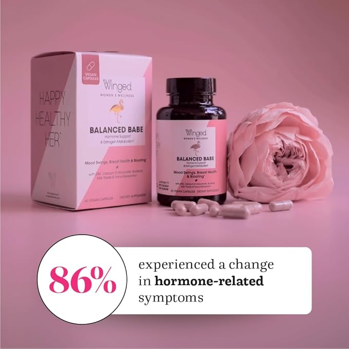 Winged Wellness Balanced Babe | Hormone Balance & Estrogen Detox for Women | PMS Bloating, Cramps, Mood Swings & Hormonal Acne | 100mg DIM, 100mg Calcium D-Glucarate & 6 Added Nutrients | 60ct