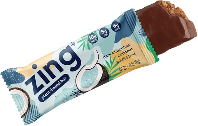 Zing Dark Chocolate Coconut Vegan Protein Bars, Gluten Free with High Protein, High Fiber, Dairy Free Nutrition Bars, Plant Based Protein, Kosher, Low Sugar, No Sugar Alcohols - 12 count