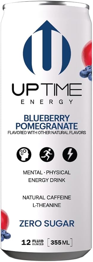UPTIME Energy Drink, Blueberry Pomegranate, 12 Pack, Vitamin C, L Theanine, Calcium, Sugar Free Energy Drinks for Focus Support, 142mg of Natural Caffeine, 0 Calories, Clean, Natural, 12 fl oz Cans