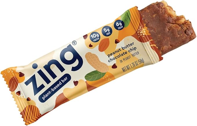 Zing Peanut Butter Chocolate Chip Vegan Protein Bars, Gluten Free with High Protein, High Fiber, Dairy Free Nutrition Bars, Plant Based Protein, Kosher, Low Sugar, No Sugar Alcohols - 12 count