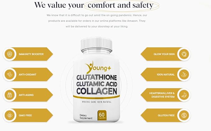 Young+ Glutathione, Glutamic Acid and Collagen. 1000mg, 60 60 Capsules