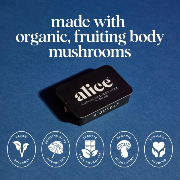 Alice Mushrooms Nightcap | Mushroom Chocolates | Supports Deep Sleep, Calm Mind, and Stress Relief - Reishi & L-Theanine | Regulates Sleep Cycles & Reduces Tension - Magnesium, Zinc