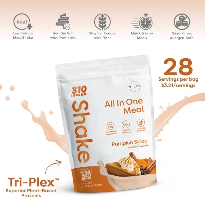 310 Nutrition All-In-One Meal Replacement Shake - Fiber-Rich Vegan Blend with Natural Sweeteners - Low Carb, Keto & Paleo Friendly, Gluten-Free, 26 Essential Vitamins, Pumpkin Spice, 28 Servings