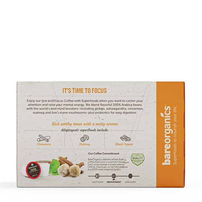 BareOrganics 13180 Focus Coffee with Superfoods, Organic Probiotic Coffee, 10 Single Serve Cups