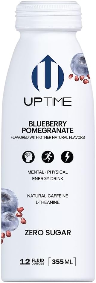 UPTIME Energy Drink, Blueberry Pomegranate, 12 Pack, Vitamin C, L Theanine, Calcium, Sugar Free Energy Drinks for Focus Support, 142mg of Natural Caffeine, 0 Calories, Clean, Natural, 12 fl oz Cans