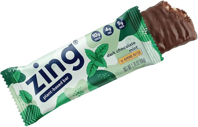 Zing Dark Chocolate Mint Vegan Protein Bars, Gluten Free with High Protein, High Fiber, Dairy Free Nutrition Bars, Plant Based Protein, Kosher, Low Sugar, No Sugar Alcohols - 12 count