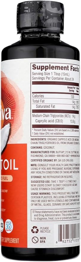 Nutiva Organic C8 MCT Oil, Ultimate Keto Fuel from Non-GMO Coconuts, 14g MCT 12 Fl Oz, USDA Organic, Whole 30, Vegan & Gluten-Free, Energy Boost to Coffee, Shakes and Salads