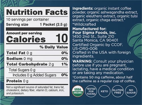 Adaptogen Organic Coffee by Four Sigmatic | Medium Roast Instant Coffee with Ashwagandha, Chaga, Eleuthero & Tulsi | Immune Support & Stress Relief | Keto | Multicolored | 0.09 Oz | Pack of 10