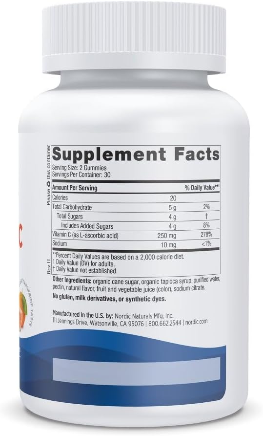 Nordic Naturals Vitamin C Gummies, Tart Tangerine 60 Gummies 250 mg 30 Servings