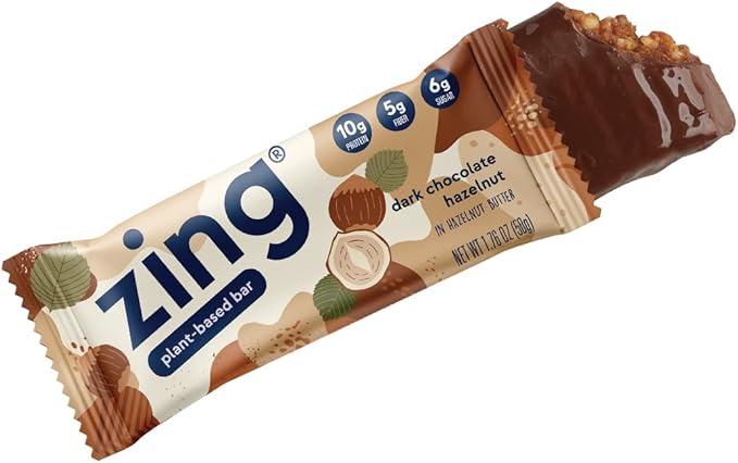 Zing Dark Chocolate Hazelnut Vegan Protein Bars, Gluten Free with High Protein, High Fiber, Dairy Free Nutrition Bars, Plant Based Protein, Kosher, Low Sugar, No Sugar Alcohols - 12 count