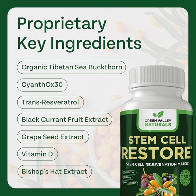 Stem Cell Restore - Regenerative Healing - Healthy Aging Reset - Brain and Cognitive Support - Cartilage, Heart and Kidney Repair - Organic Tibetan Sea Buckthorn (2 Bottles, 120 Count)