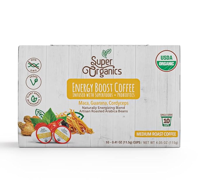 Super Organics Energy Boost Coffee Brew Cups with Superfoods & Probiotics Keurig K-Cup Compatible Energizing, Stamina Medium Roast, USDA Certified Organic, Vegan, Non-GMO, 10ct
