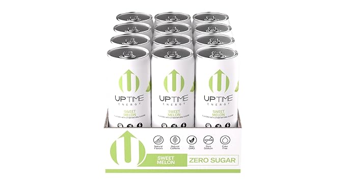 UPTIME Energy Drink, Sweet Summer Melon Sparkling, 12 Pack, Vitamin C, L Theanine, Calcium, Sugar Free Energy Drinks for Focus Support, 142mg of Natural Caffeine, 5 Calories, Natural, 12 fl oz Cans