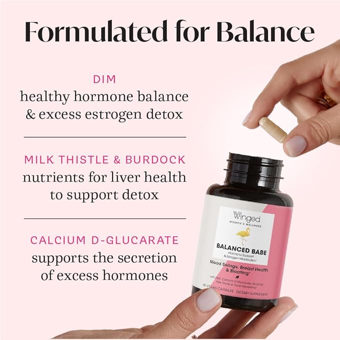 Winged Wellness Balanced Babe | Hormone Balance & Estrogen Detox for Women | PMS Bloating, Cramps, Mood Swings & Hormonal Acne | 100mg DIM, 100mg Calcium D-Glucarate & 6 Added Nutrients | 60ct