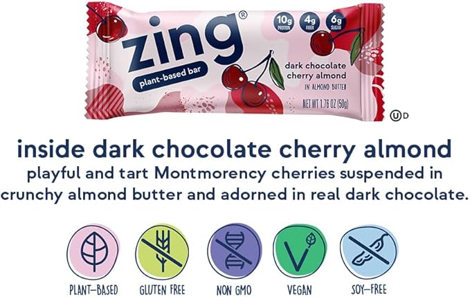 Zing Dark Chocolate Cherry Vegan Protein Bars, Gluten Free with High Protein, High Fiber, Dairy Free Nutrition Bars, Plant Based Protein, Kosher, Low Sugar, No Sugar Alcohols - 12 count