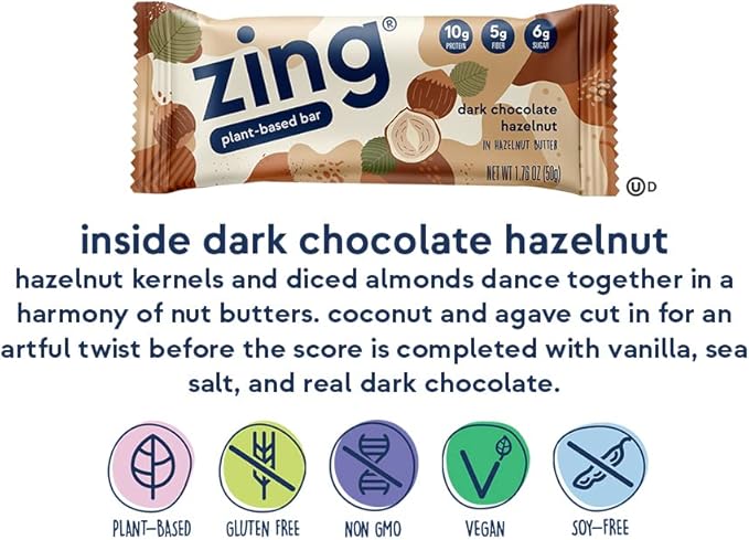 Zing Dark Chocolate Hazelnut Vegan Protein Bars, Gluten Free with High Protein, High Fiber, Dairy Free Nutrition Bars, Plant Based Protein, Kosher, Low Sugar, No Sugar Alcohols - 12 count