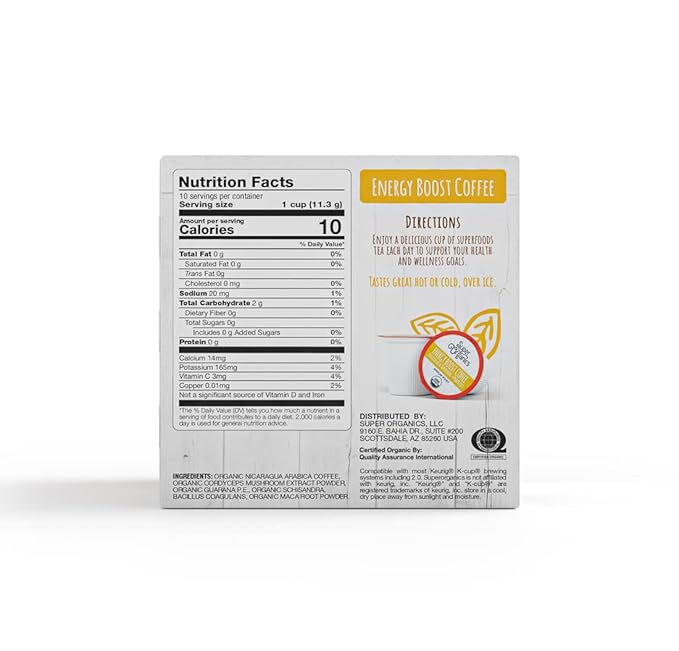 Super Organics Energy Boost Coffee Brew Cups with Superfoods & Probiotics Keurig K-Cup Compatible Energizing, Stamina Medium Roast, USDA Certified Organic, Vegan, Non-GMO, 10ct