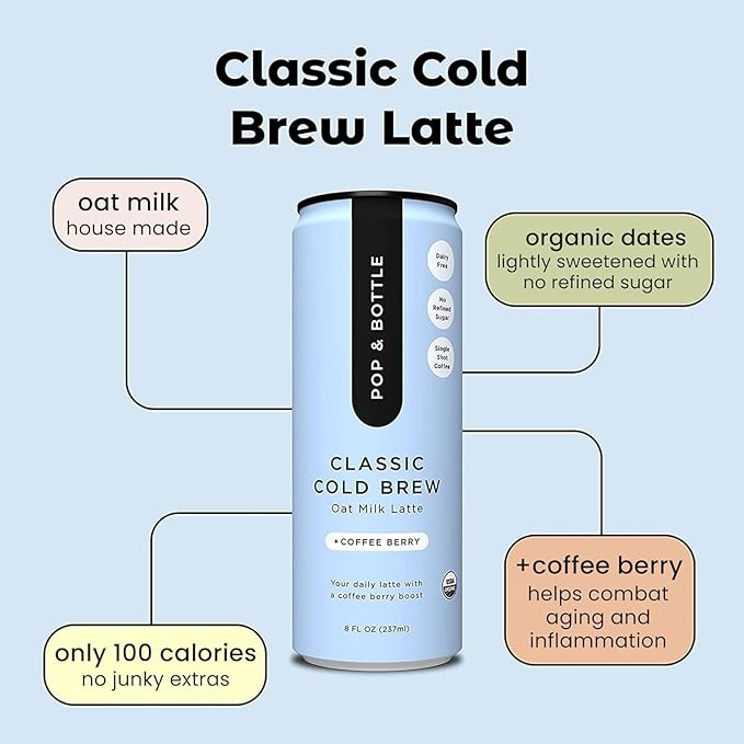 Pop & Bottle Classic & Vanilla Oat Milk Lattes - Cold Brew, Marine Collagen & Antioxidants, MCT Oil, Organic, Dairy Free, Gluten Free, Lightly Sweetened with Dates - 8 Fl Oz (Pack of 12), 6 Each