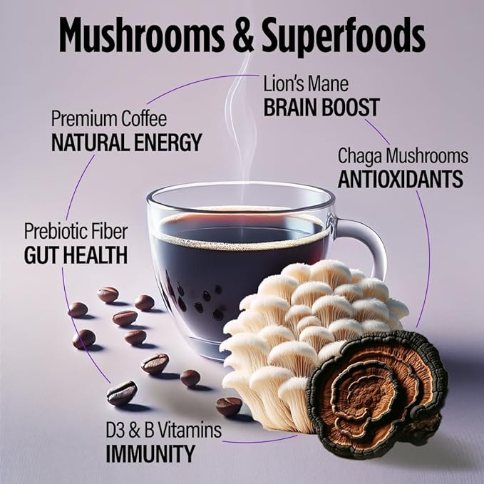 VitaCup Focus Mushroom Instant Coffee | For Memory & Clarity Support | with Fiber, Chaga, Lion’s Mane | D3 & B Vitamins | Medium Roast 100% Arabica & Robusta Instant Coffee | 3 Bags, 90 Servings