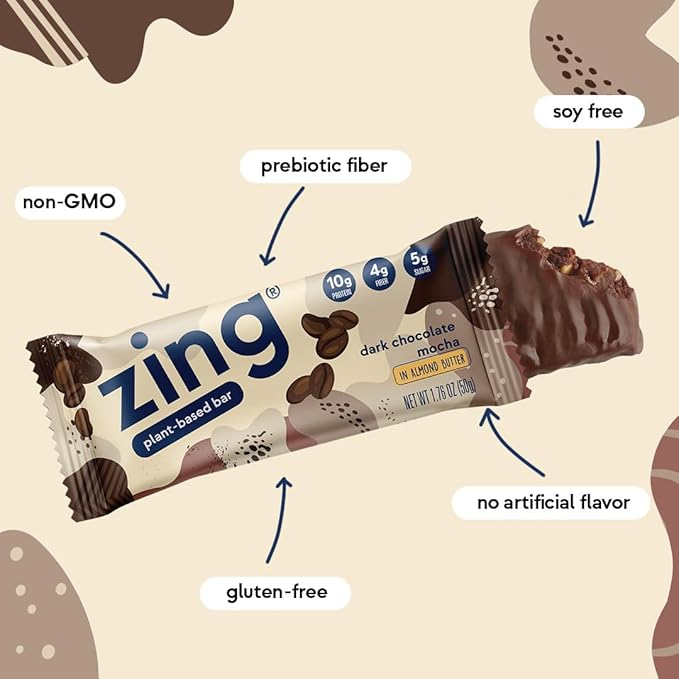 Zing Dark Chocolate Mocha Vegan Protein Bars, Gluten Free with High Protein, High Fiber, Dairy Free Nutrition Bars, Plant Based Protein, Kosher, Low Sugar, No Sugar Alcohols - 12 count