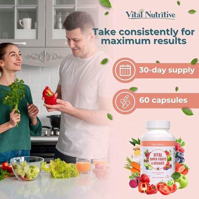 Vital Super Fruits & Veggies - Daily Superfood Capsules for Adults - Fruit and Veggies Supplement to Boost Immunity & Energy - 2-in-1 Formula for Overall Wellness - Fruit and Vegetable Capsules