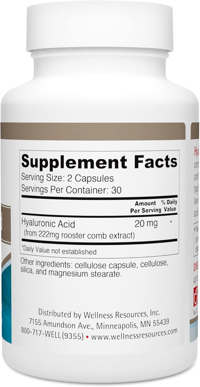 Wellness Resources Hyaluronic Acid from Rooster Comb, 100% Natural Low Molecular Weight (60 Capsules)