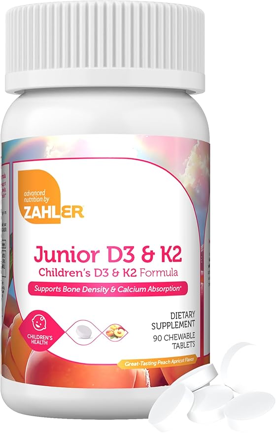 Zahler - Junior Vitamin D3 + K2 Chewable Tablets for Kids| Vitamin D for Kids 2000 IU | Delicious Vitamin D K2 Chews to Support Healthy Bones & Teeth - Kosher, Less Sugar Than Gummies (90 Count)