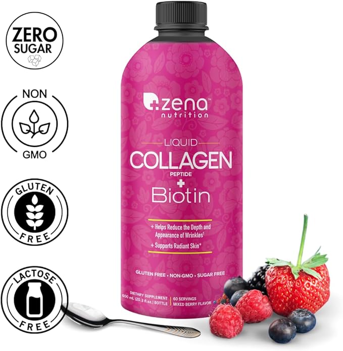 Zena Nutrition Liquid Collagen Peptide + Biotin 2500mg Verisol 5000mcg Biotin 60 Servings, 20.3 FL