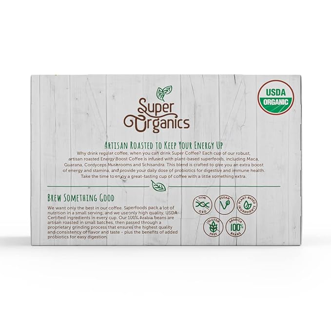 Super Organics Energy Boost Coffee Brew Cups with Superfoods & Probiotics Keurig K-Cup Compatible Energizing, Stamina Medium Roast, USDA Certified Organic, Vegan, Non-GMO, 10ct