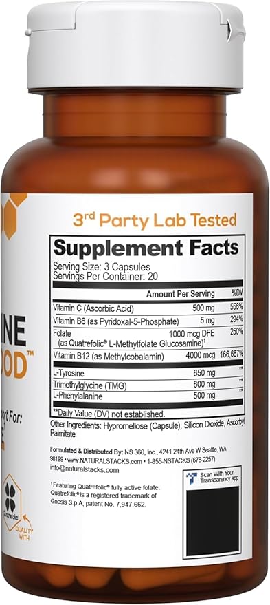 NATURAL STACKS Dopamine Brain Food - 650mg L-Tyrosine Supplement - Dopamine Supplement for Focus & Mental Drive - Supports Mental Energy - Neurotransmitter Support with B Vitamins - 120 Capsules