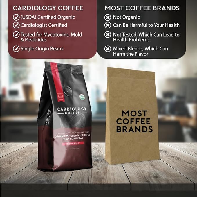 Heart Healthy Coffee - Organic Mold Free Coffee Whole Bean Medium Roast - USDA Certified Hand-Selected Honduras Cardio Coffee - Non-GMO Tested for Mycotoxins & Pesticides - 12oz