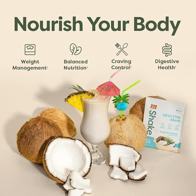 310 Nutrition All-In-One Meal Replacement Shake - Fiber-Rich Vegan Superfood Blend with Natural Sweeteners - Low Carb, Keto & Paleo Friendly, Gluten-Free, 26 Essential Vitamins & Minerals, Tropical Coconut, 28 Servings