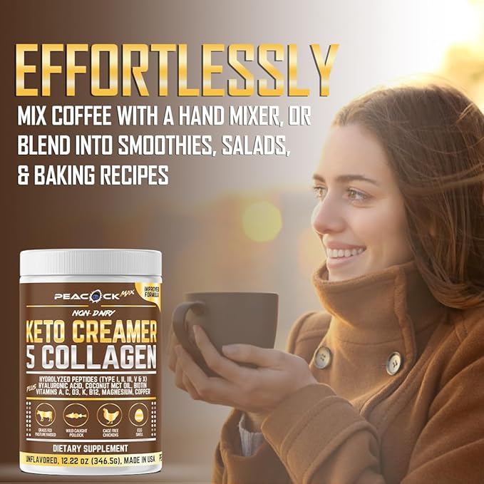 Peacock Max Collagen Keto Creamer Powder, Coconut MCT, Peptides, Unflavored, Hydrolyzed, B12, Magnesium (48.88 oz (Pack of 4))