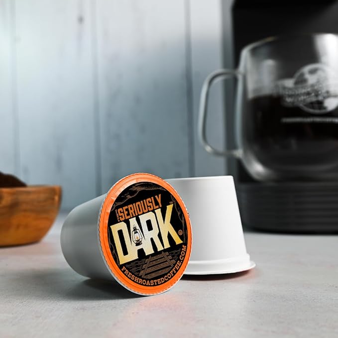 Fresh Roasted Coffee, Seriously Dark, Artisan Blend, Dark Roast, 24 Pods for K Cup Brewers
