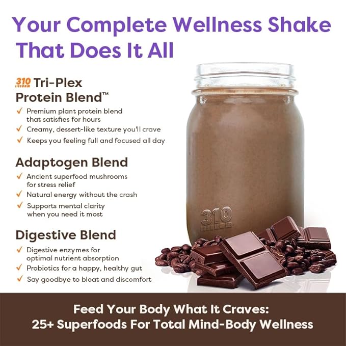 310 Nutrition Meal Replacement Shake - Fiber-Rich Superfood Blend - Low Carb, Keto & Paleo Friendly, Gluten-Free, 26 Essential Vitamins & Minerals, Natural Sweeteners - Mocha, 14 Servings