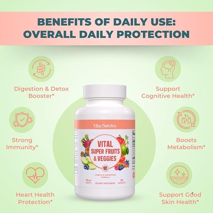 Vital Super Fruits & Veggies - Daily Superfood Capsules for Adults - Fruit and Veggies Supplement to Boost Immunity & Energy - 2-in-1 Formula for Overall Wellness - Fruit and Vegetable Capsules