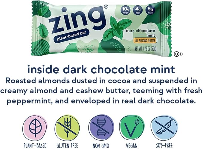 Zing Dark Chocolate Mint Vegan Protein Bars, Gluten Free with High Protein, High Fiber, Dairy Free Nutrition Bars, Plant Based Protein, Kosher, Low Sugar, No Sugar Alcohols - 12 count