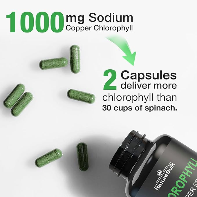 Chlorophyll Capsules 1000mg - 100% Natural Potency Concentration for Women & Men, Gut Health, Skin Support - Natural Energy Booster, 120 Capsules