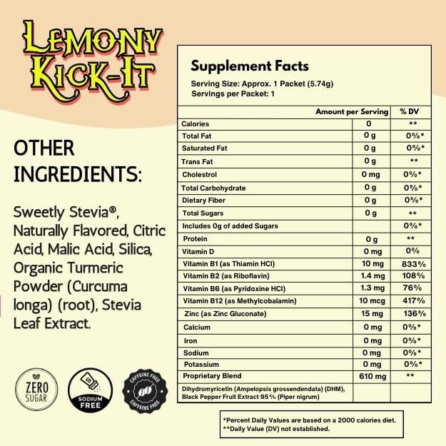 After Alcohol Aid Wellness Vitamins I Restore Better Mornings I Dihydromyricetin DHM & B Vitamins Complex I Antioxidants Supplement and Liver Support I 5 Powder Stick Drink Packets I Lemony Kick-It