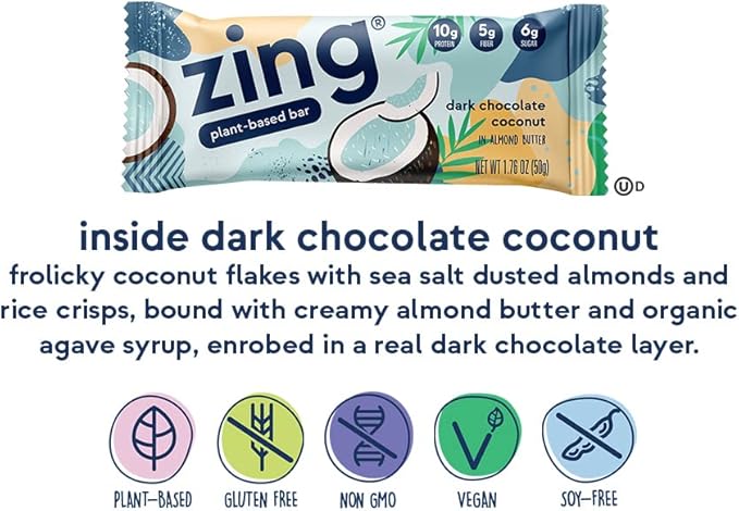 Zing Dark Chocolate Coconut Vegan Protein Bars, Gluten Free with High Protein, High Fiber, Dairy Free Nutrition Bars, Plant Based Protein, Kosher, Low Sugar, No Sugar Alcohols - 12 count