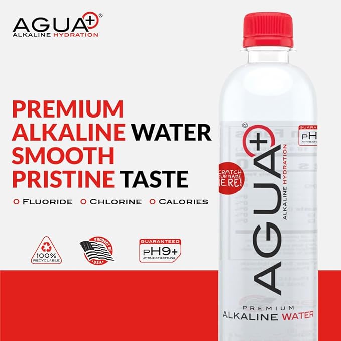 Agua Plus pH9+ Alkaline Water Bottles - 16.9 fl (500mL) oz Drinking Water Bottles - Enhanced with Pink Mineral Sea Salt for Electrolytes and Minerals - Recycled Plastic and USA Made Water Bottles - 4 Pack