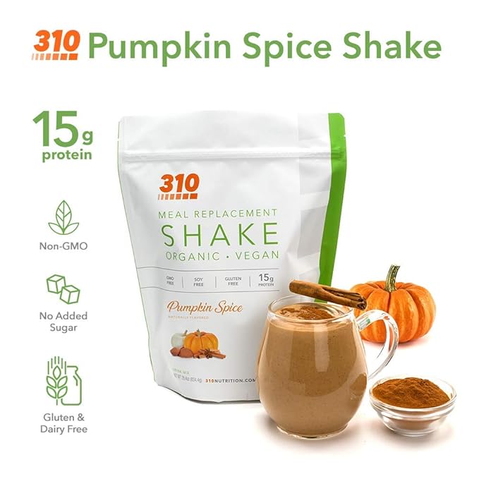 310 Nutrition - Vegan Organic Plant Powder and Meal Replacement Shake - Gluten, Dairy, and Soy Free - Keto and Paleo Friendly - 0 Grams of Sugar - Pumpkin Spice - 28 Servings