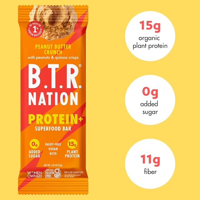Vegan Keto Plant Based Protein & Fiber Bars by B.T.R. - Low Carb & GF | 6 Bars | Free of Sugar Alcohols, Dairy, Soy and Boosted with Powerful Superfoods! (Peanut Butter Crunch Protein+)