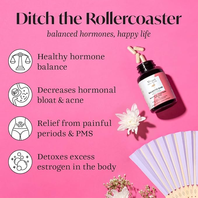 Winged Wellness Balanced Babe | Hormone Balance & Estrogen Detox for Women | PMS Bloating, Cramps, Mood Swings & Hormonal Acne | 100mg DIM, 100mg Calcium D-Glucarate & 6 Added Nutrients | 60ct